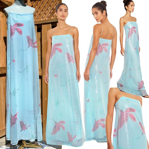 🆕 RAT & BOA 🧿 NWOT Marisol Blue Floral Printed Sequin Shimmer Maxi Dress SzXXL - Picture 1 of 13